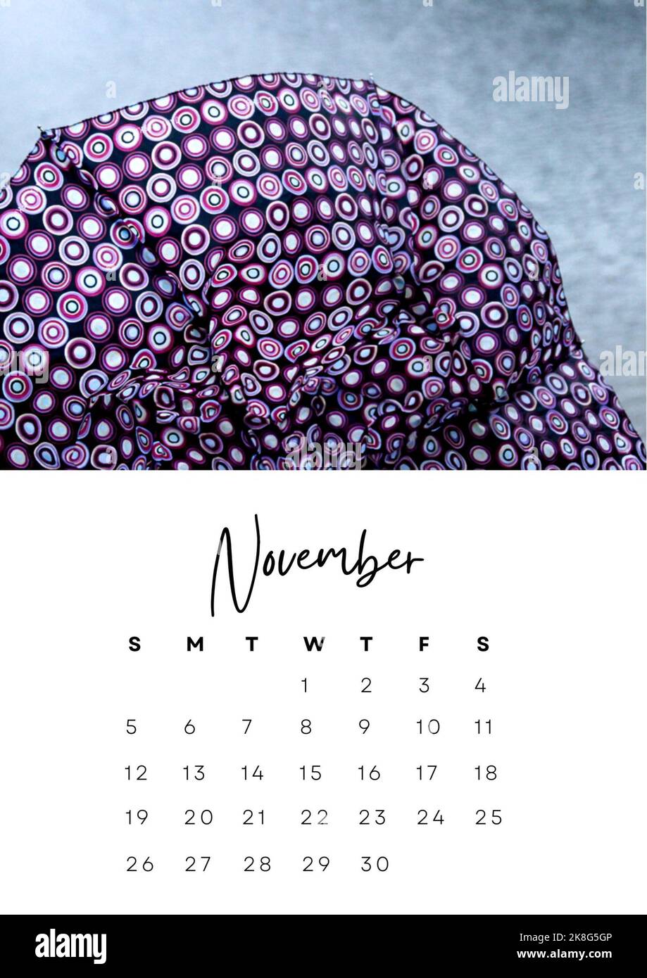 The month of November in the 2023 calendar with a winter photo. Author's calendar for 2023 by month. Stock Photo