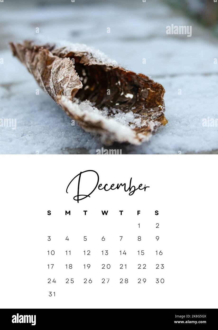 The month of december in the 2023 calendar with a winter photo. Author's calendar for 2023 by month. Stock Photo