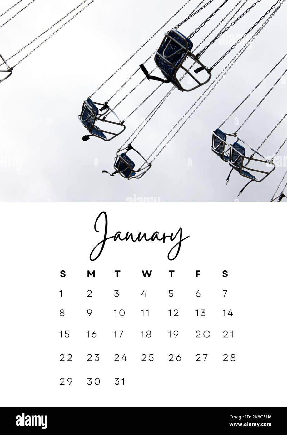 The month of January in the 2023 calendar with a winter photo. Author's calendar for 2023 by month. Stock Photo
