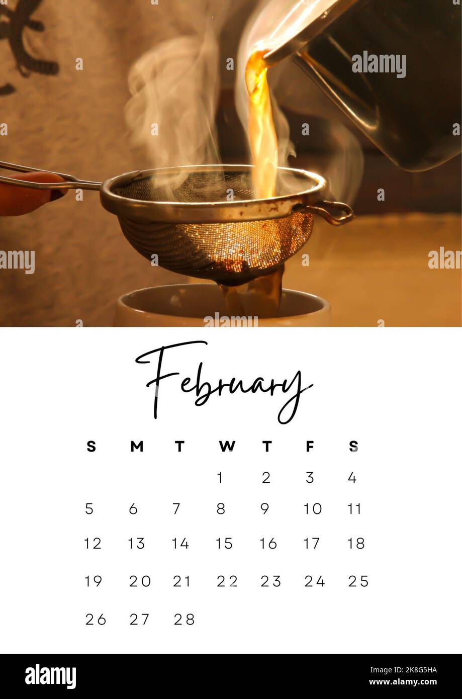 The month of february in the 2023 calendar with a winter photo. Author's calendar for 2023 by month. Stock Photo