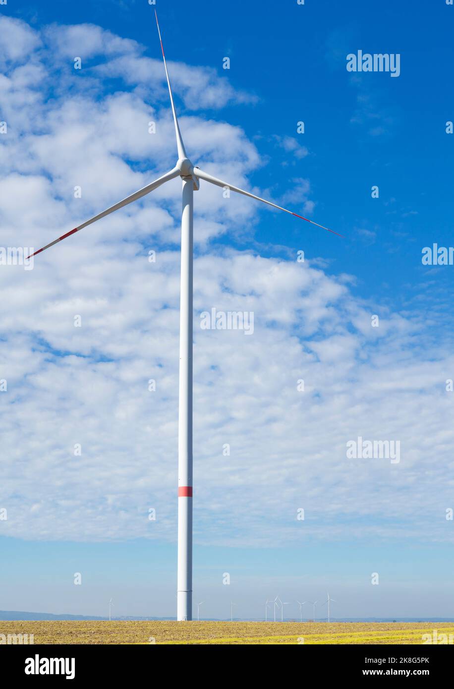 Wind turbines in a rural landscape with blue sky und white clouds Stock ...