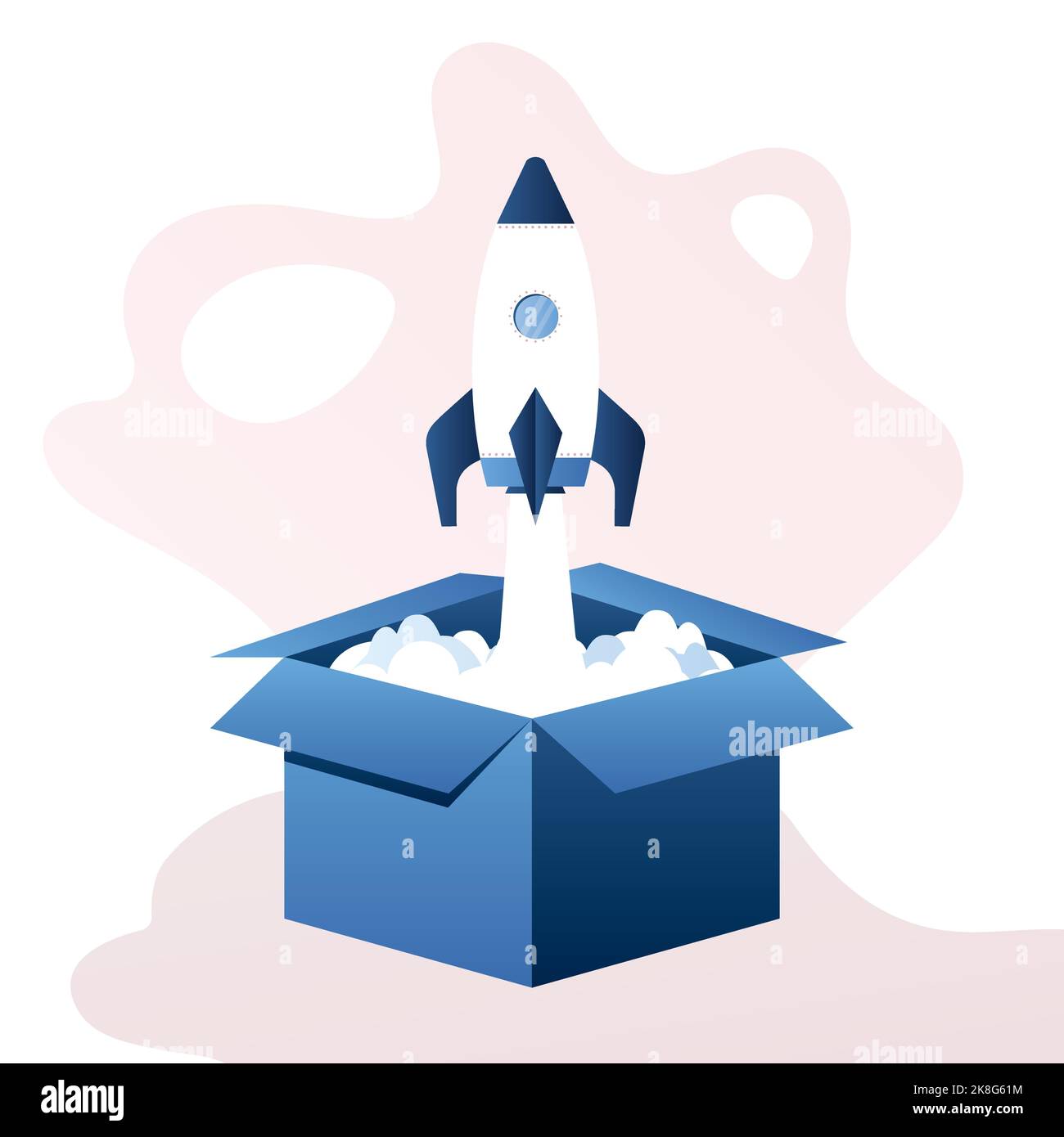 Open box and from it the rocket takes off. Startup or new idea concept. Trendy style Vector illustration Stock Vector