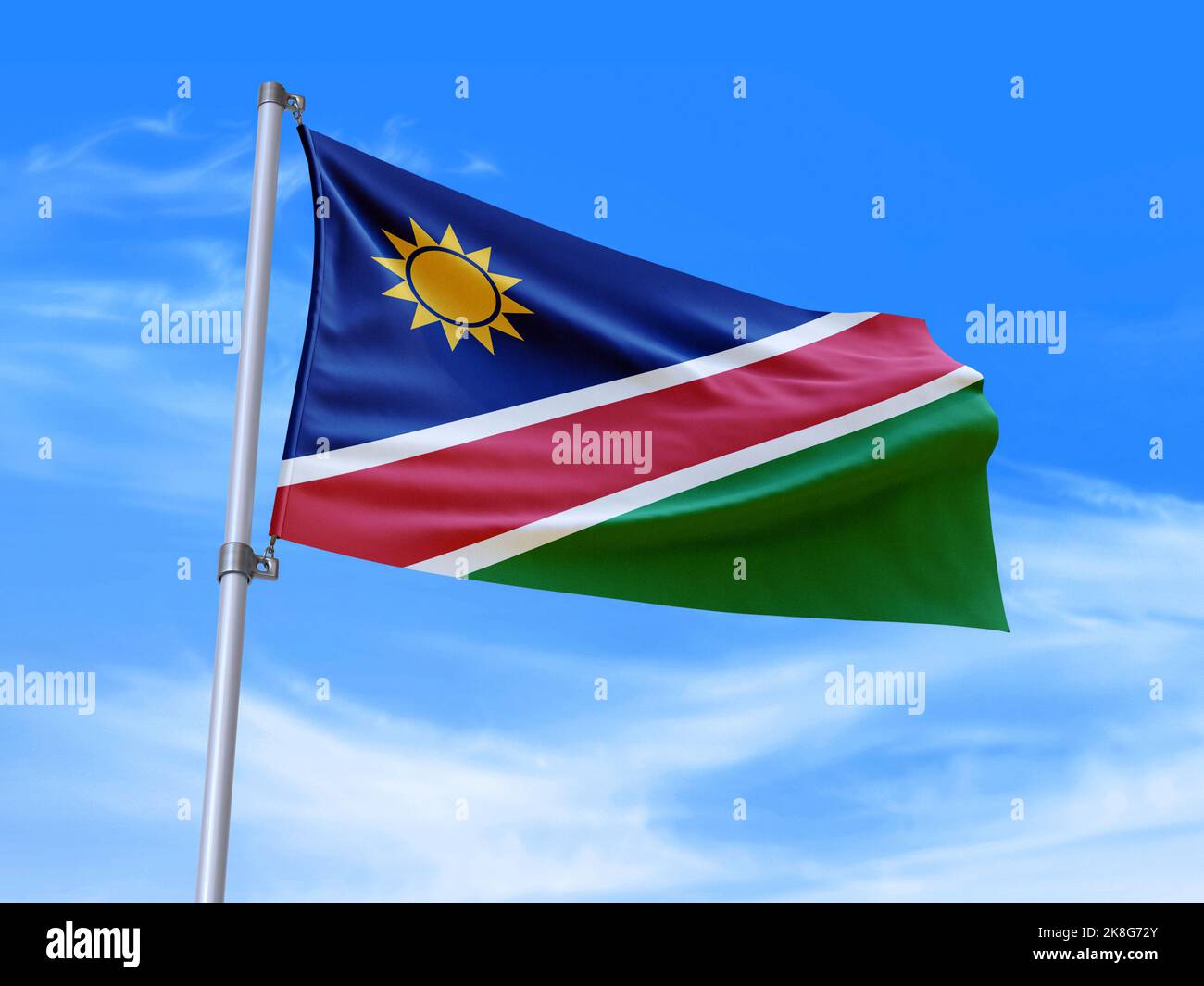 Beautiful Namibia flag waving in the wind with sky background 3D