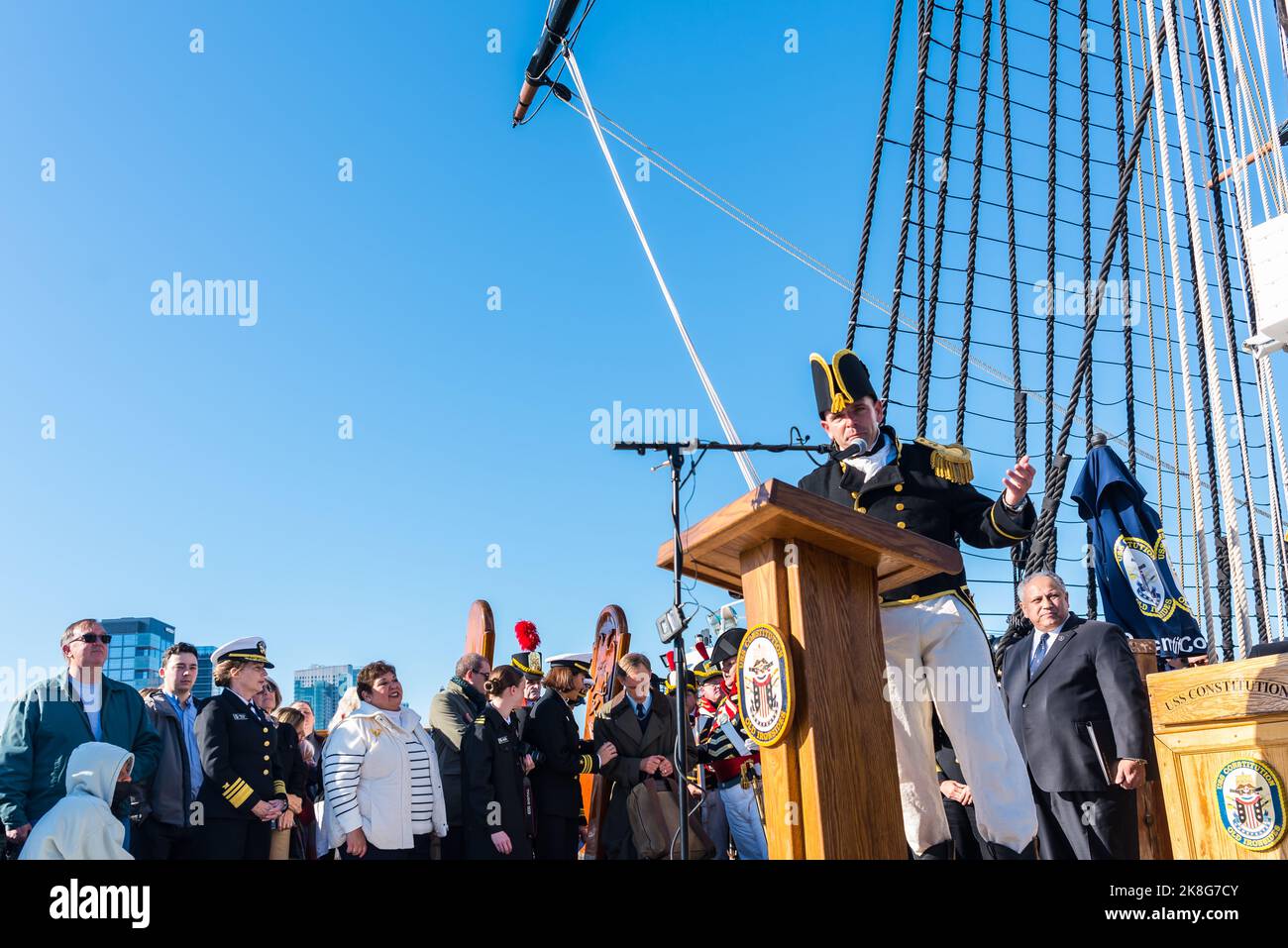Lt. Commander Raffaele Giarnella on the USS Constitution underway from Charlestown Navy Yard for the 225th birthday celebration. Stock Photo
