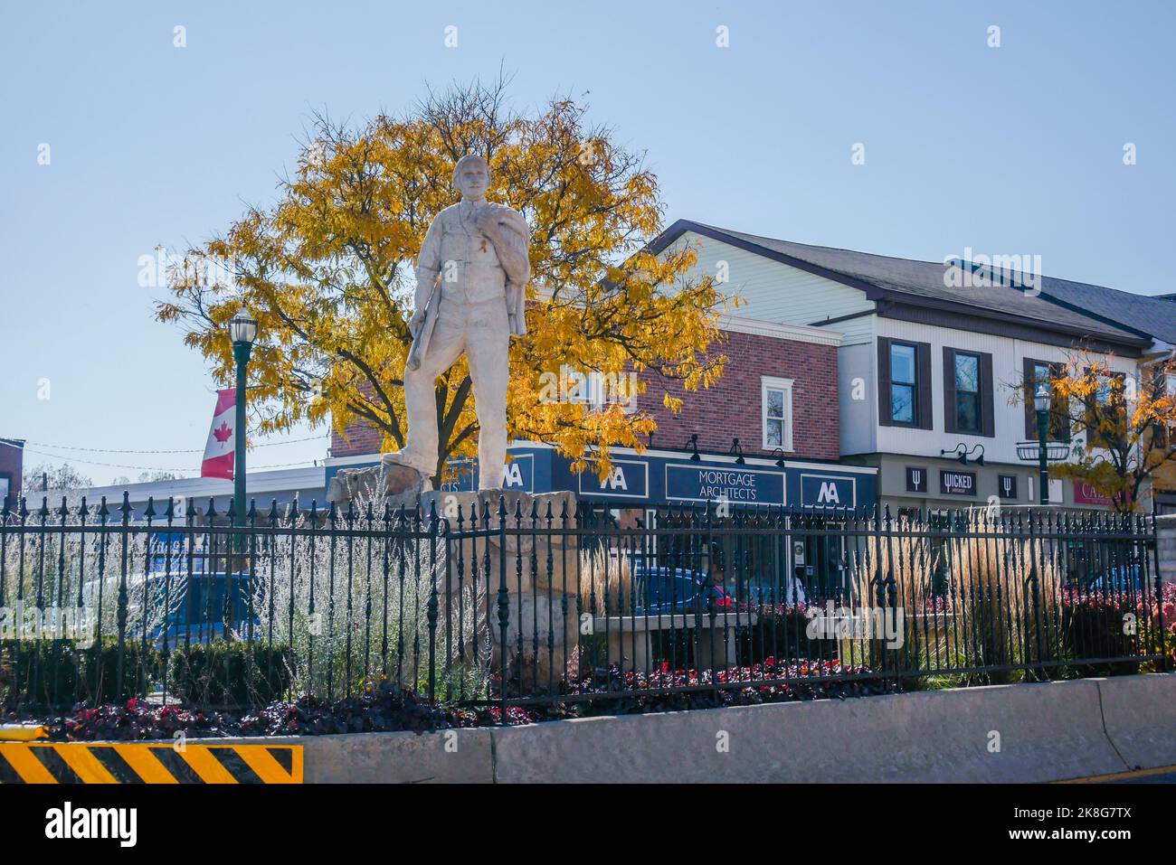 Orange Lawrence statue, orangeville founder, eastern median, broadway, main street, orangeville, ontario, canada Stock Photo