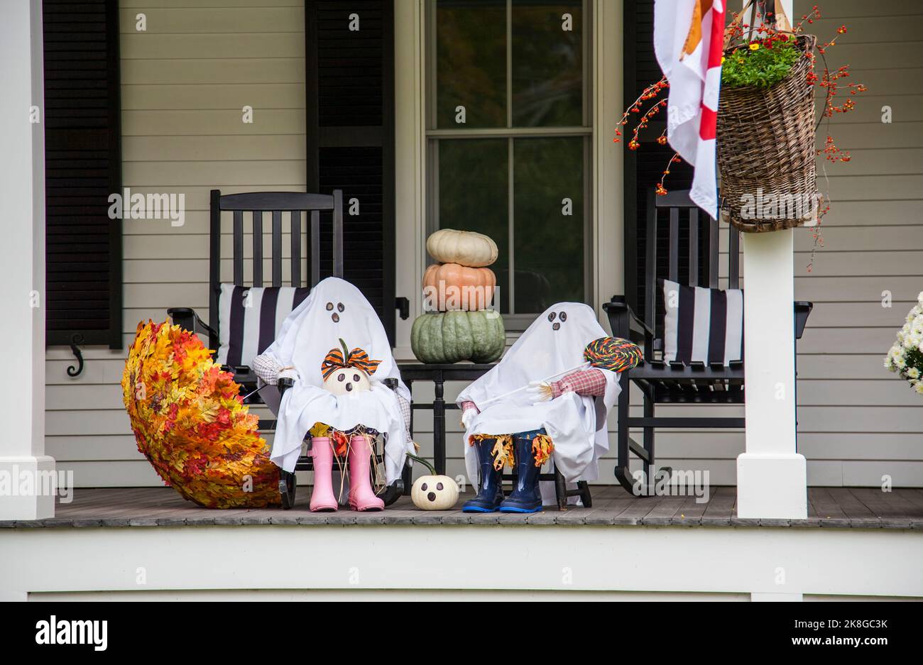 Autumn decorations on a front porch, Woodstock, Vermont, VT USA US