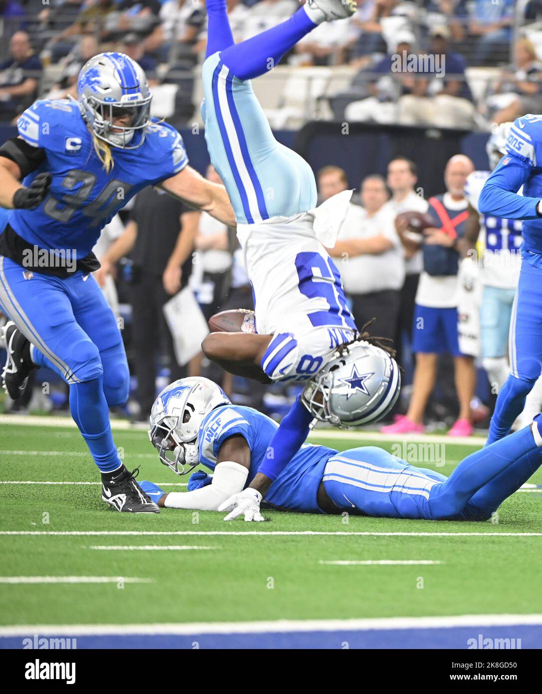 Arlington, United States. 23rd Oct, 2022. Dallas Cowboys Noah Brown gets flipped short of the endzone and fumbled on the play against the Detroit Lions during their NFL game at AT&T Stadium in Arlington, Texas on Sunday, October 23, 2022. Photo by Ian Halperin/UPI Credit: UPI/Alamy Live News Stock Photo