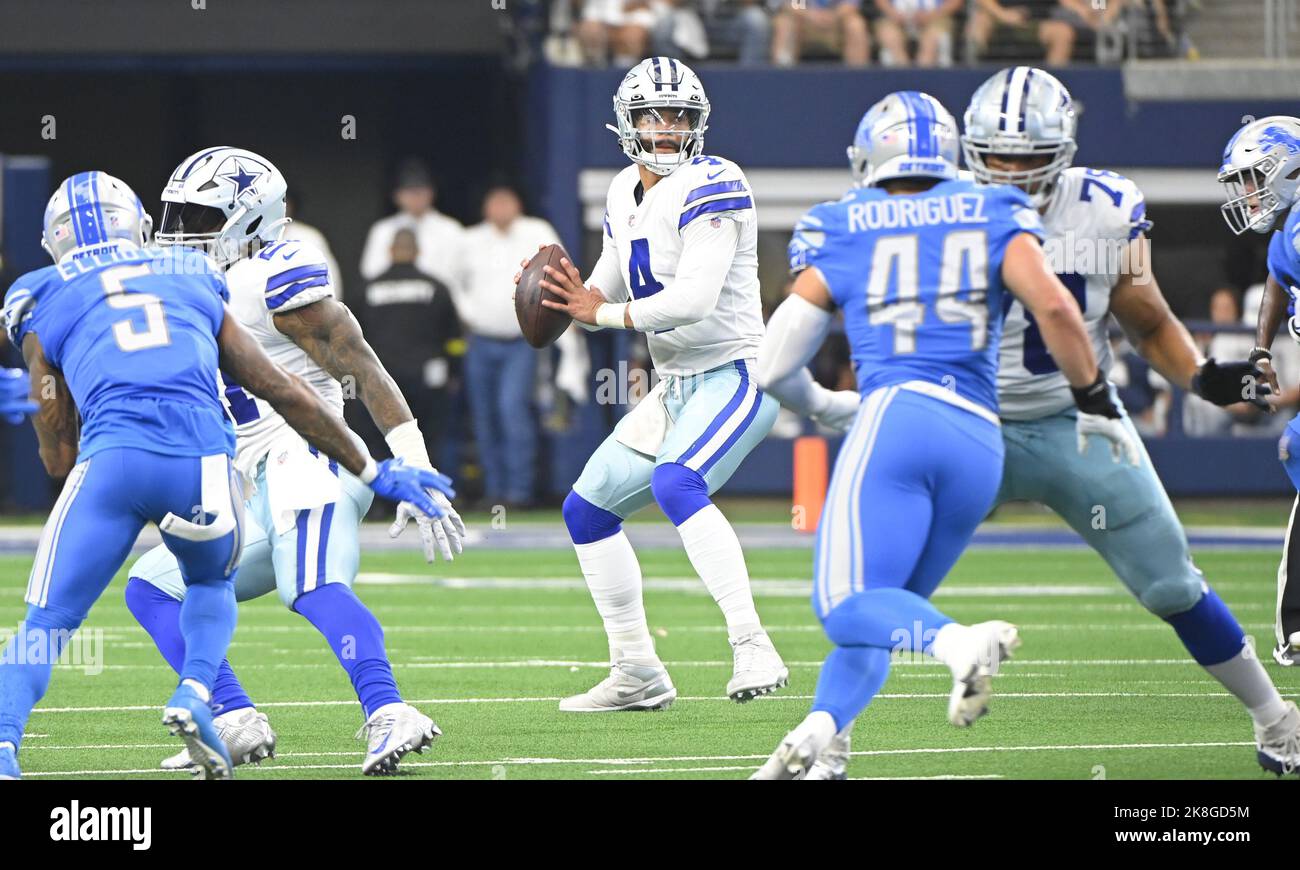 Dallas Cowboys quarterback Dak Prescott (4) alongside Tyron Smith (77)  during a Thanksgiving day NFL football game against the Las Vegas Raiders,  Thursday, Nov. 25, 2021, in Arlington, Texas. (AP Photo/Matt Patterson