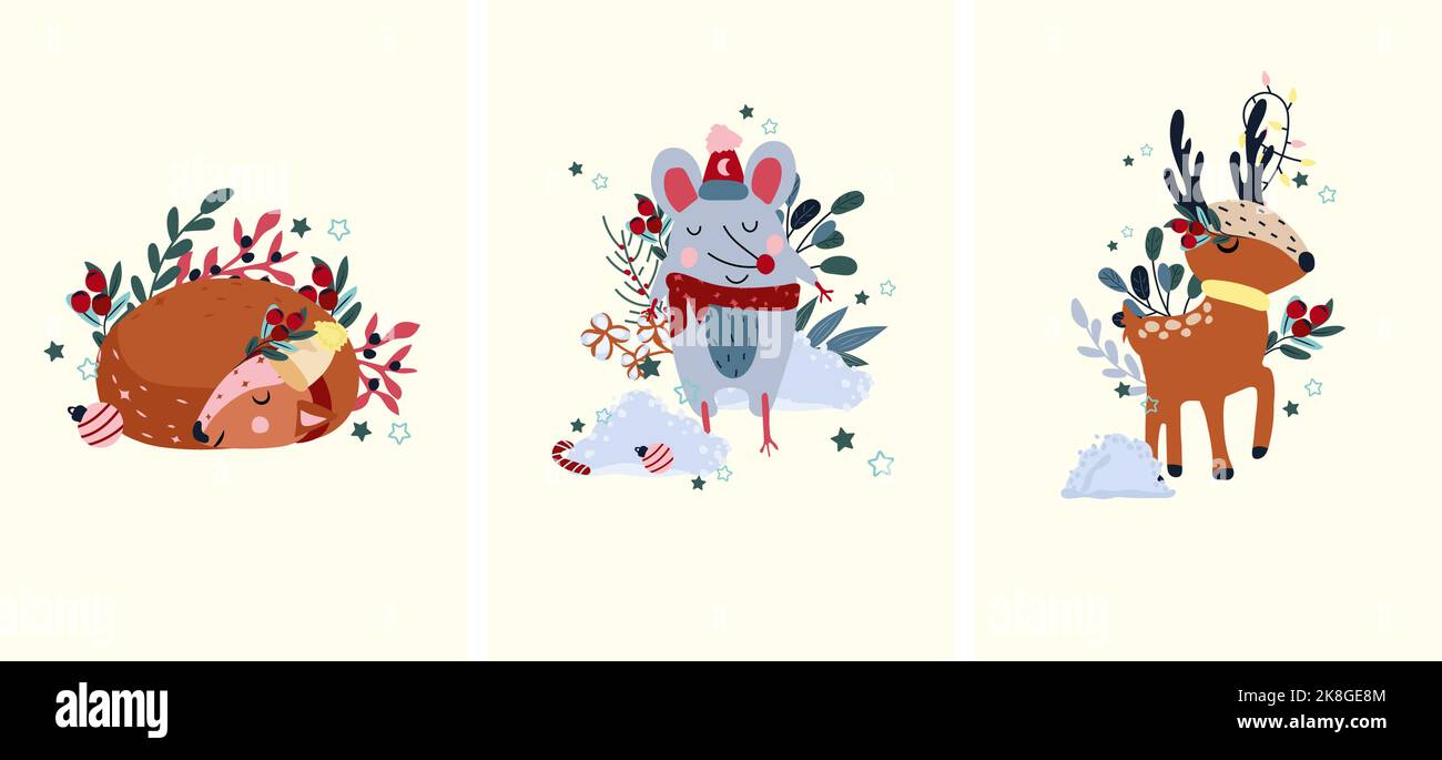 Winter cards with animals, funny reindeer and garlands on the horns, cute mouse in a scarf among heaps of snow, sleeping deer. Magic animals. Concept Christmas and New Year. Vector Stock Vector