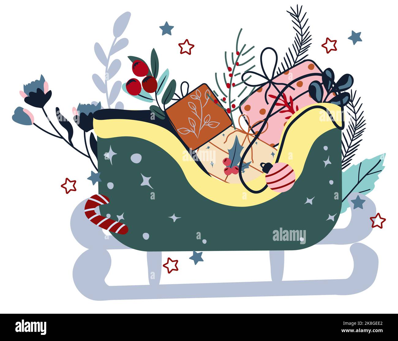 Winter composition, Santa's sleigh with gifts, pine branches, colorful flowers and leaves. Concept Christmas and New Year. Perfect for greeting cards, poster, postcard, banner. Vector. Stock Vector