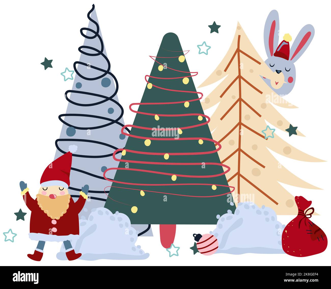 Winter cards with colorful Christmas trees, cute Santa Claus, heaps of snow, pine branches, a bag of gifts and other. Concept Christmas and New Year. Perfect for greeting cards, poster, postcard Stock Vector