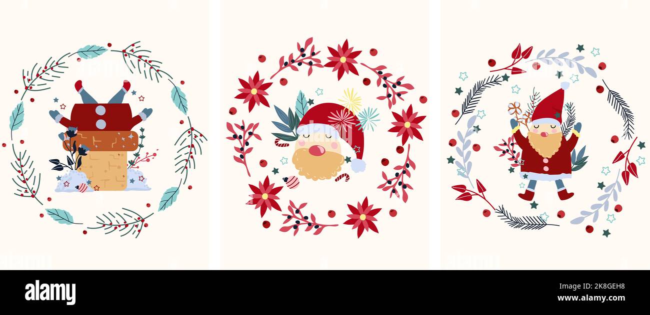Santa Claus in Christmas wreath, Santa Claus climbed into the chimney, Santa head, bright flowers, colorful leaves and other. Concept Christmas and New Year. Vector. Stock Vector