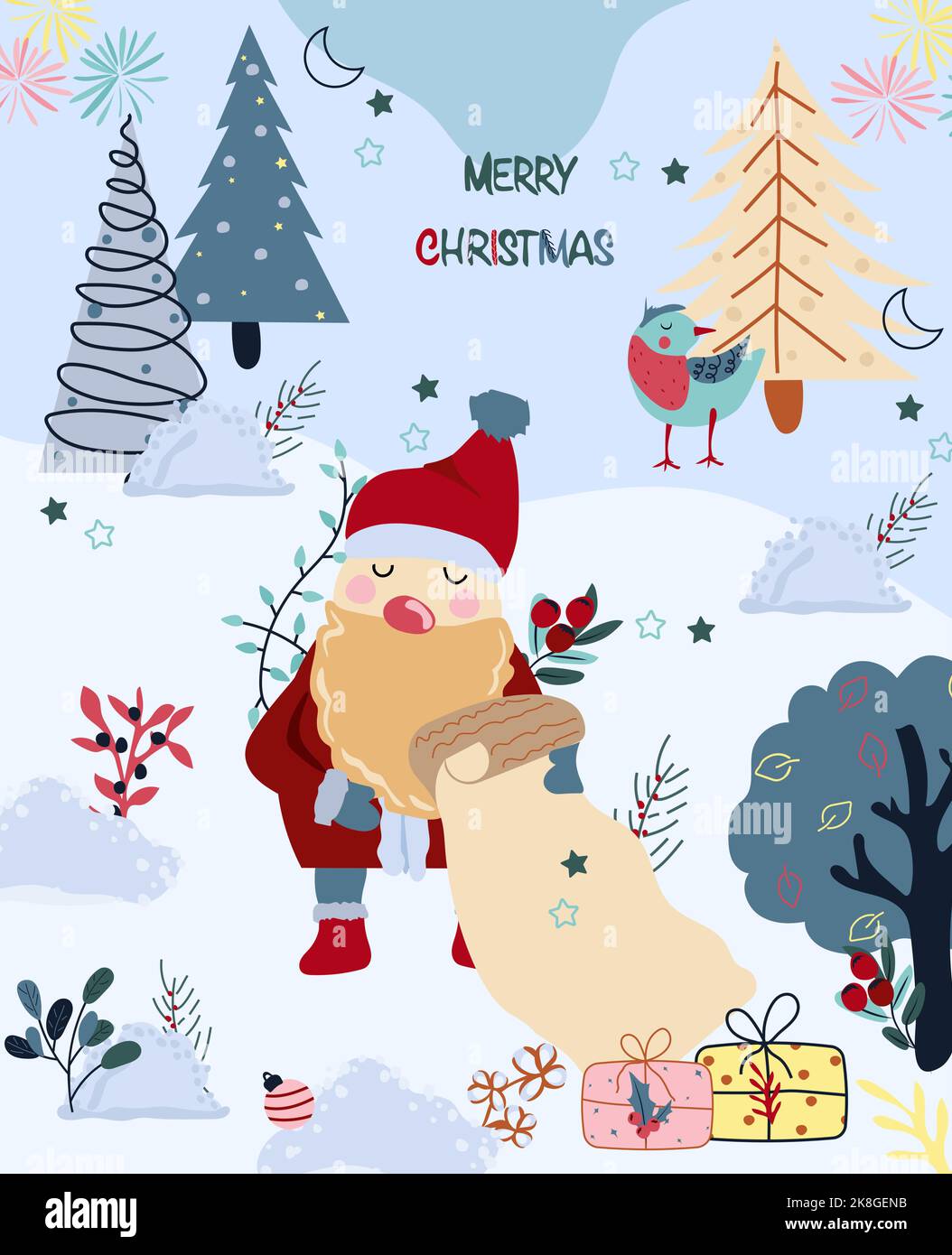 Winter card, with Merry Christmas lettering, with Santa is reading a letter, Christmas tree and other. Concept Christmas and New Year. Perfect for greeting cards, poster, postcard, banner. Vector. Stock Vector