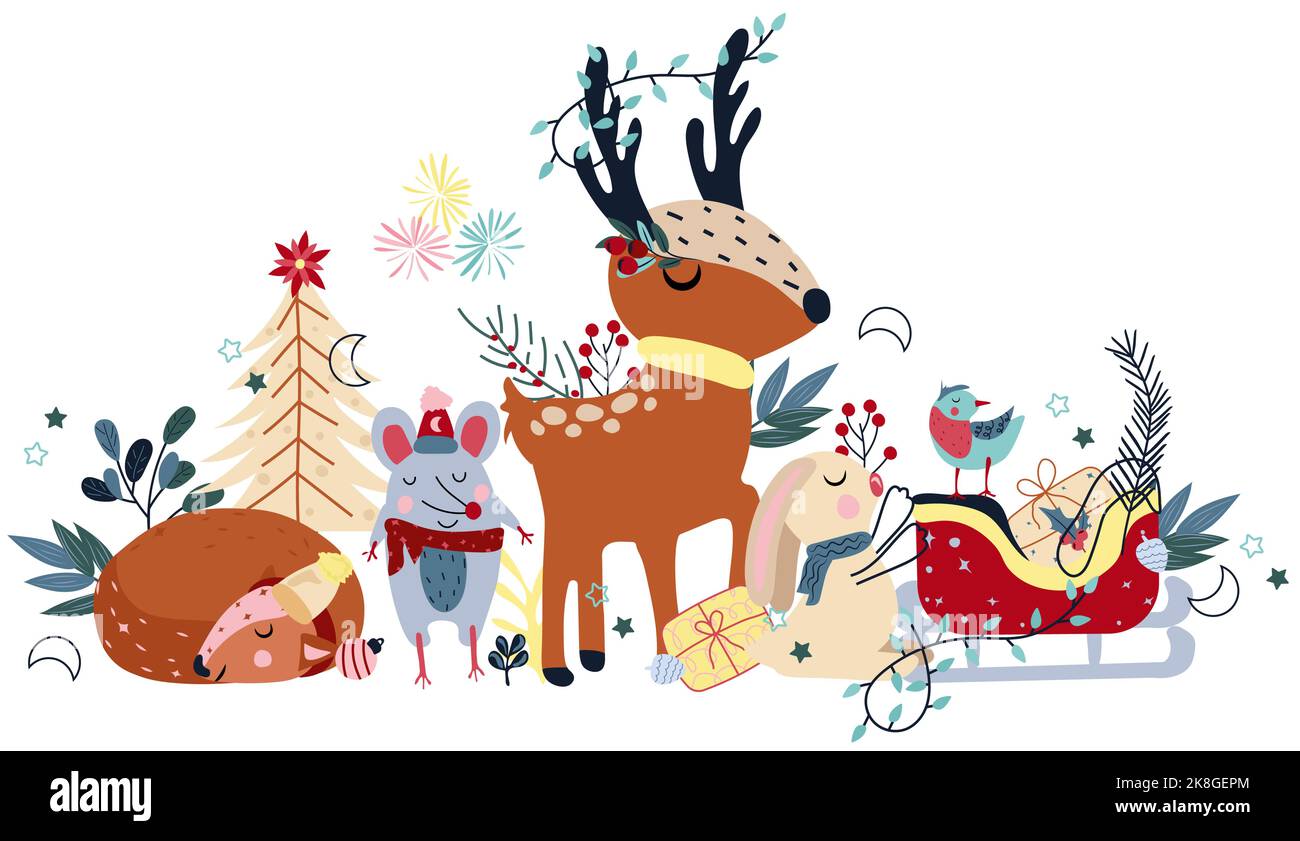 Winter compositions with animals, funny reindeer and garlands on the horns, funny mouse, cute rabbit in a scarf, and other.Concept Christmas and New Year. Perfect for greeting cards, poster, postcard Stock Vector