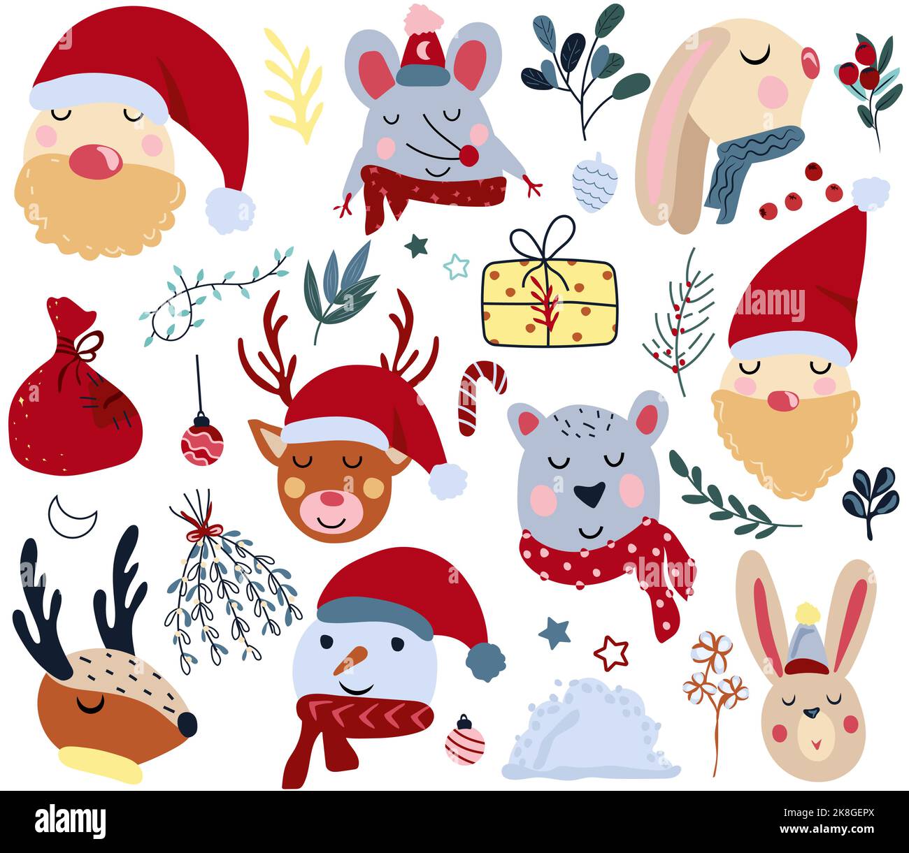 Winter animals head and Santa Claus, cute polar bear in a scarf, rabbit head, funny mouse, colorful flowers and leaves. Magic animals. Concept Christmas and New Year. Vector. Stock Vector