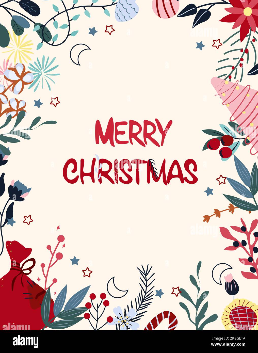 Winter card, with Merry Christmas lettering, with colorful flowers, leaves, Christmas tree and other. Concept Christmas and New Year. Perfect for greeting cards, poster, postcard, banner. Vector. Stock Vector