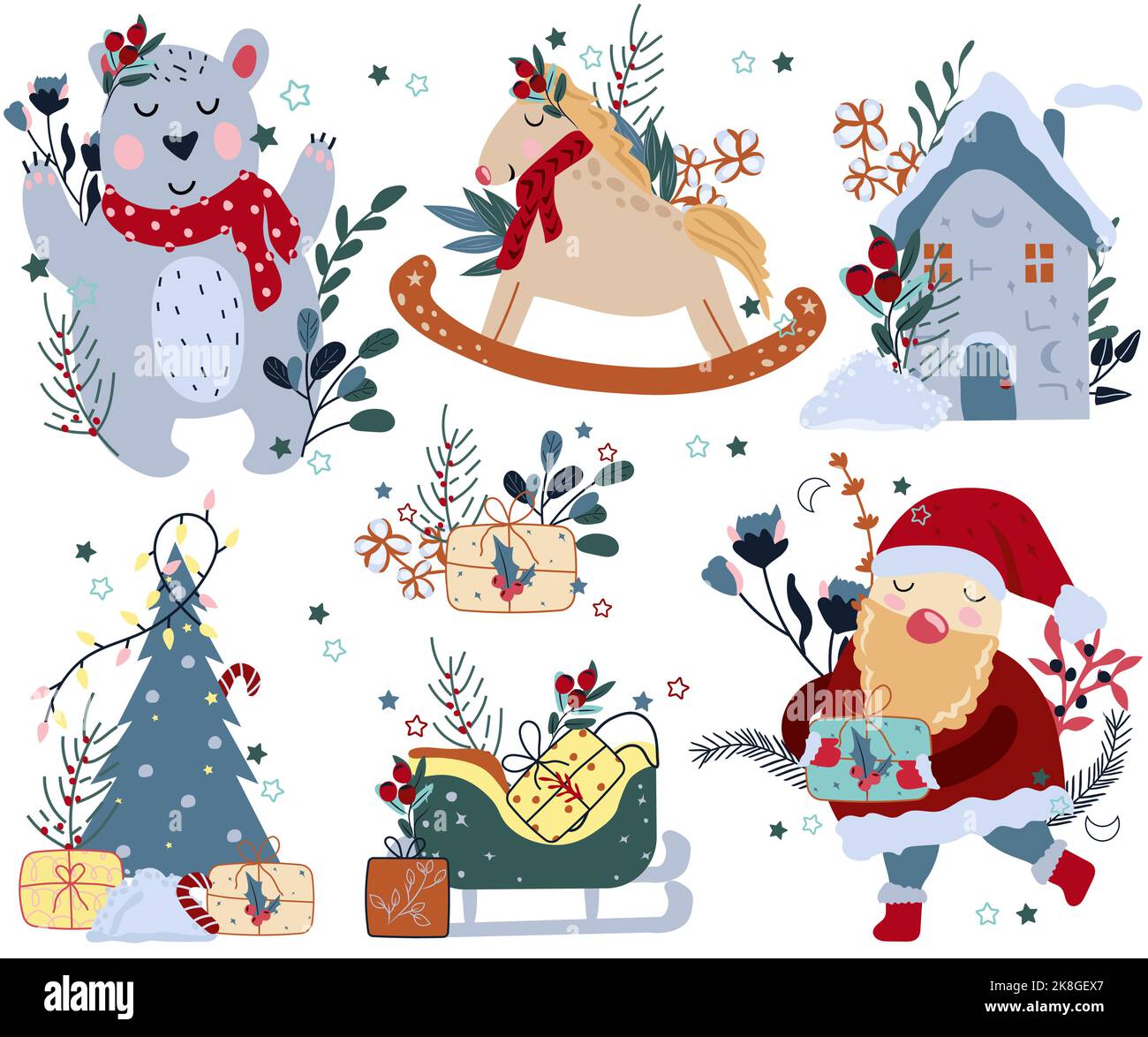 Winter compositions with polar bear in a scarf, rocking horse in vintage style, Santa Claus is holding a gift, Christmas house and other. Concept Christmas and New Year. Vector illustration. Stock Vector