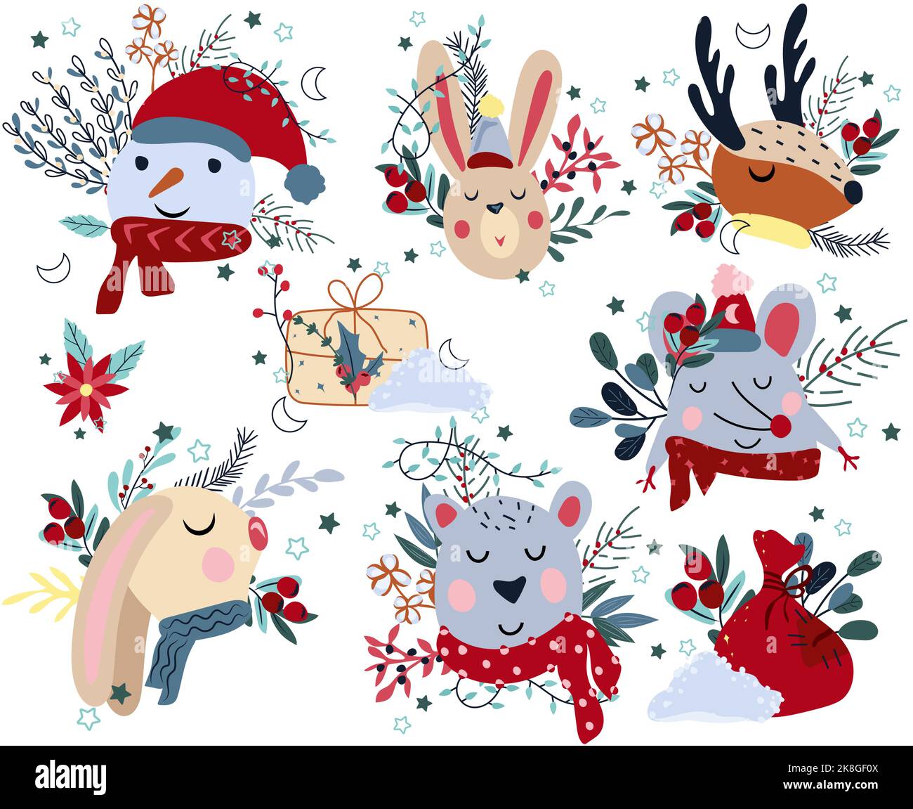 Winter animals head, cute polar bear in a scarf, rabbit head, funny mouse, colorful flowers and leaves. Concept Christmas and New Year. Perfect for greeting cards, poster, postcard, banner. Stock Vector