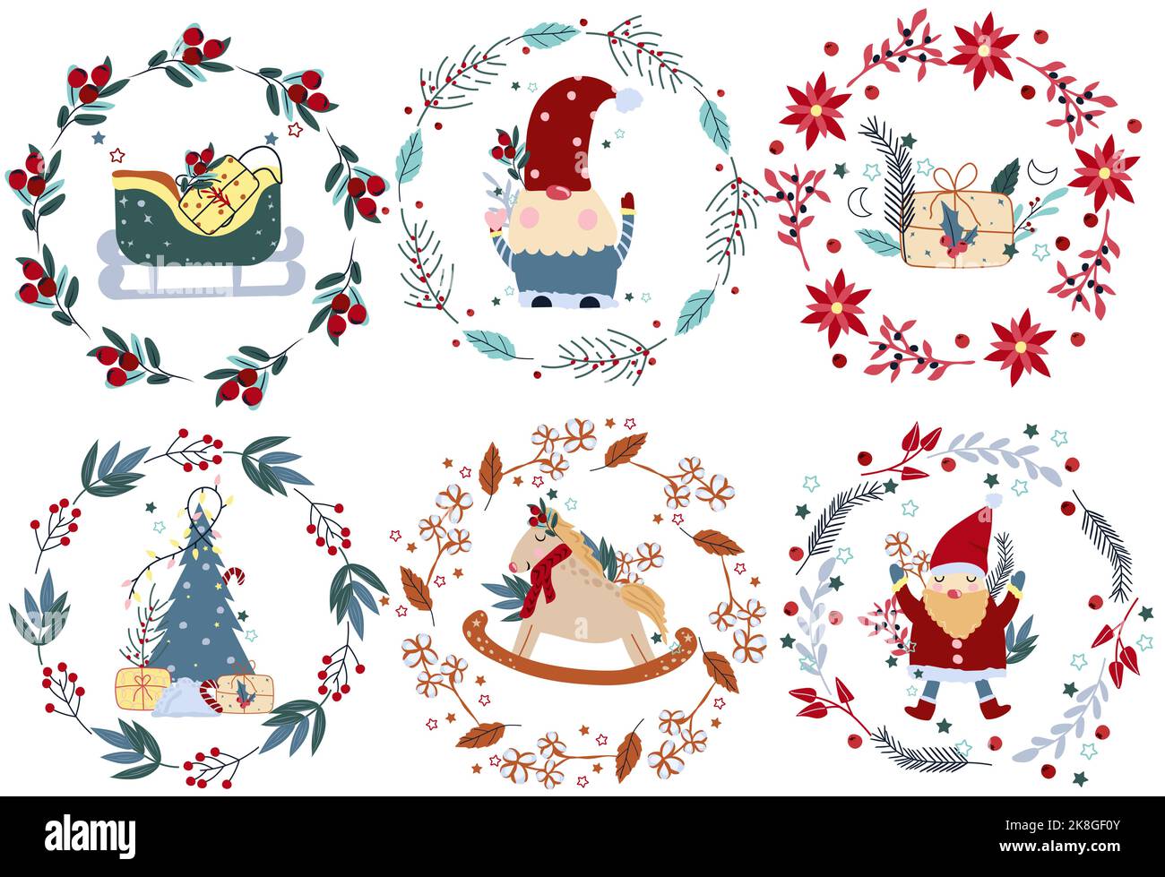 Bright Winter compositions with rocking horse in vintage style, funny gnome, cute Santa, Christmas wreath and other. Perfect for greeting cards, poster, postcard, banner. Vector Stock Vector