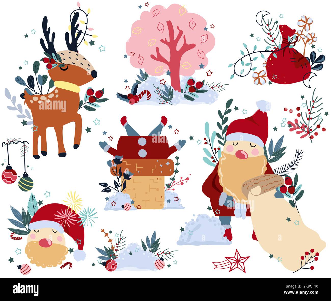 Winter compositions with deer in a scarf, Santa Claus reading a letter, Tree among heaps of snow and other. Concept Christmas and New Year. Vector illustration Stock Vector