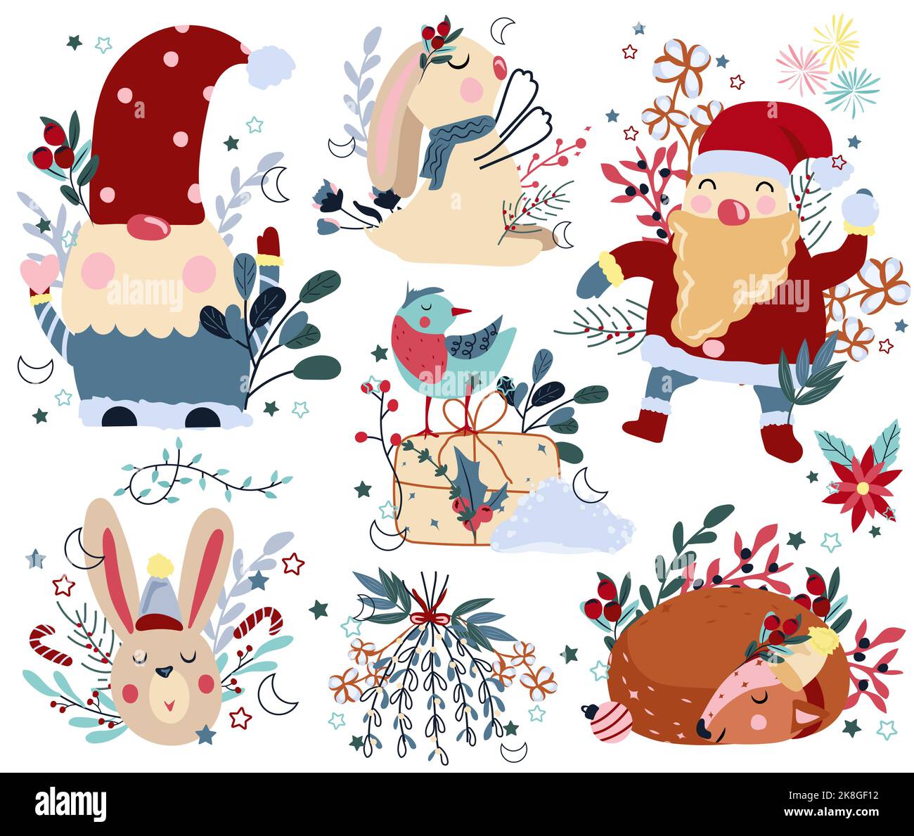 Winter compositions with sleeping deer, funny Santa Claus, winter gnome, cute rabbit and other. Concept Christmas and New Year. Perfect for greeting cards, poster, postcard, banner. Vector. Stock Vector