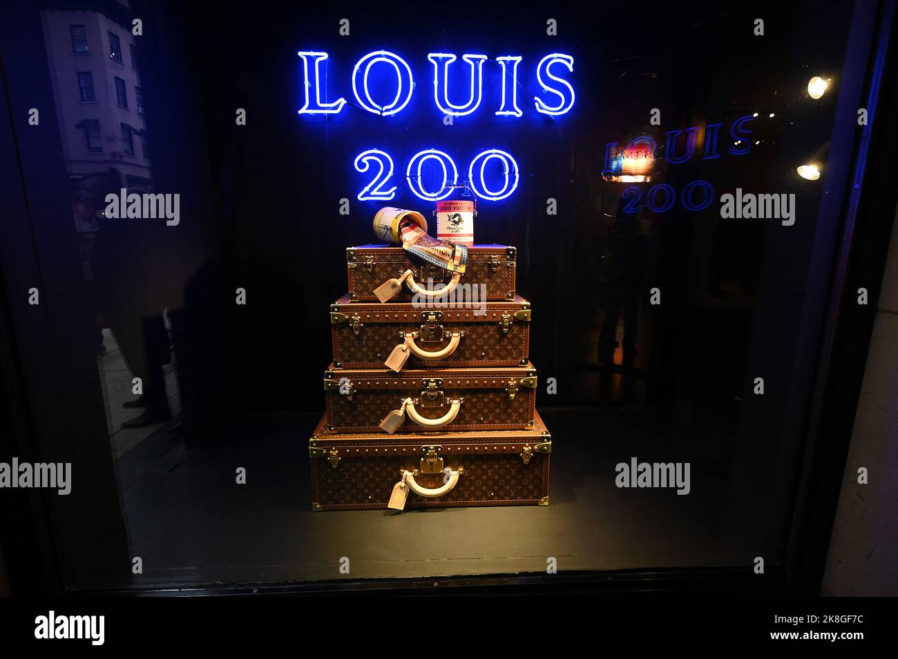 Visitors arrive at the Louis Vuitton's 200 Trunks, 200 Visionaries: The  Exhibition, New York, NY, October 23, 2022. The exhibition features art  installations and metaphorical transformations based on the iconic Louis  Vuitton