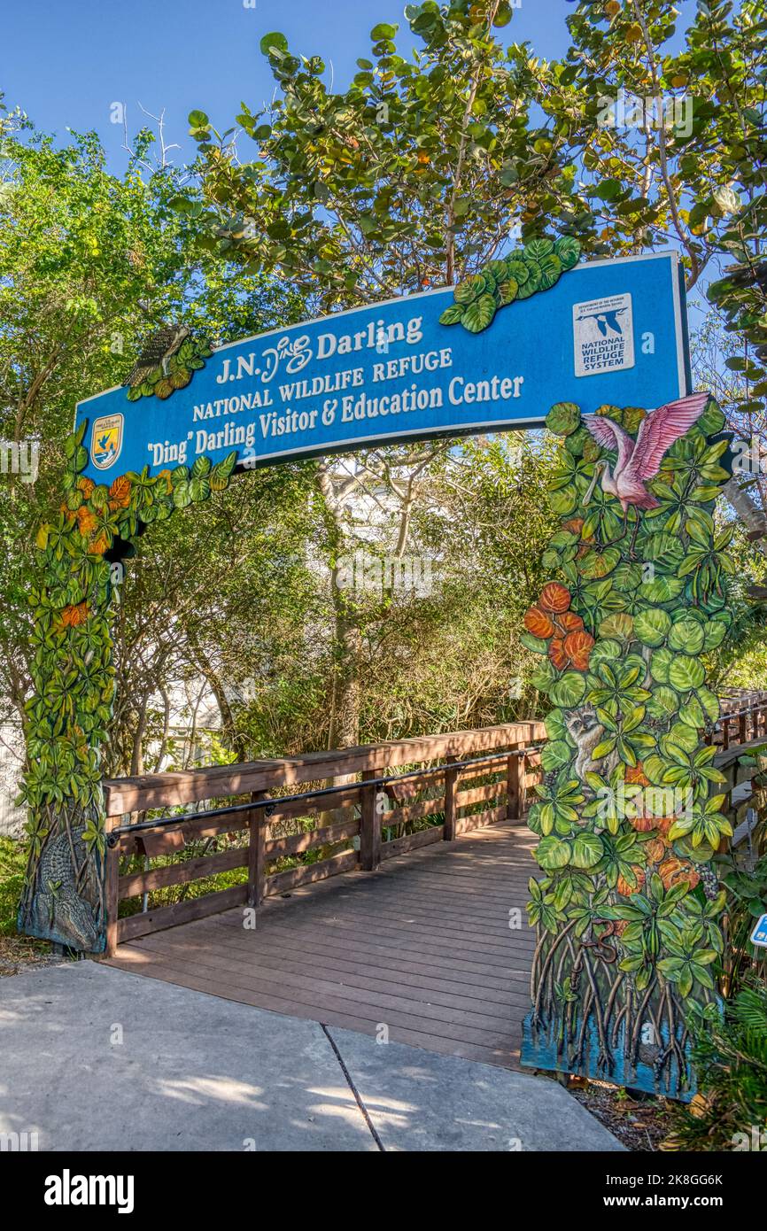 Entrance archway to the J.N. 'Ding' Darling National Wildlife Refuge Visitor & Education Center Prior to Hurricane Ian on Sanibel Island in Florida. Stock Photo