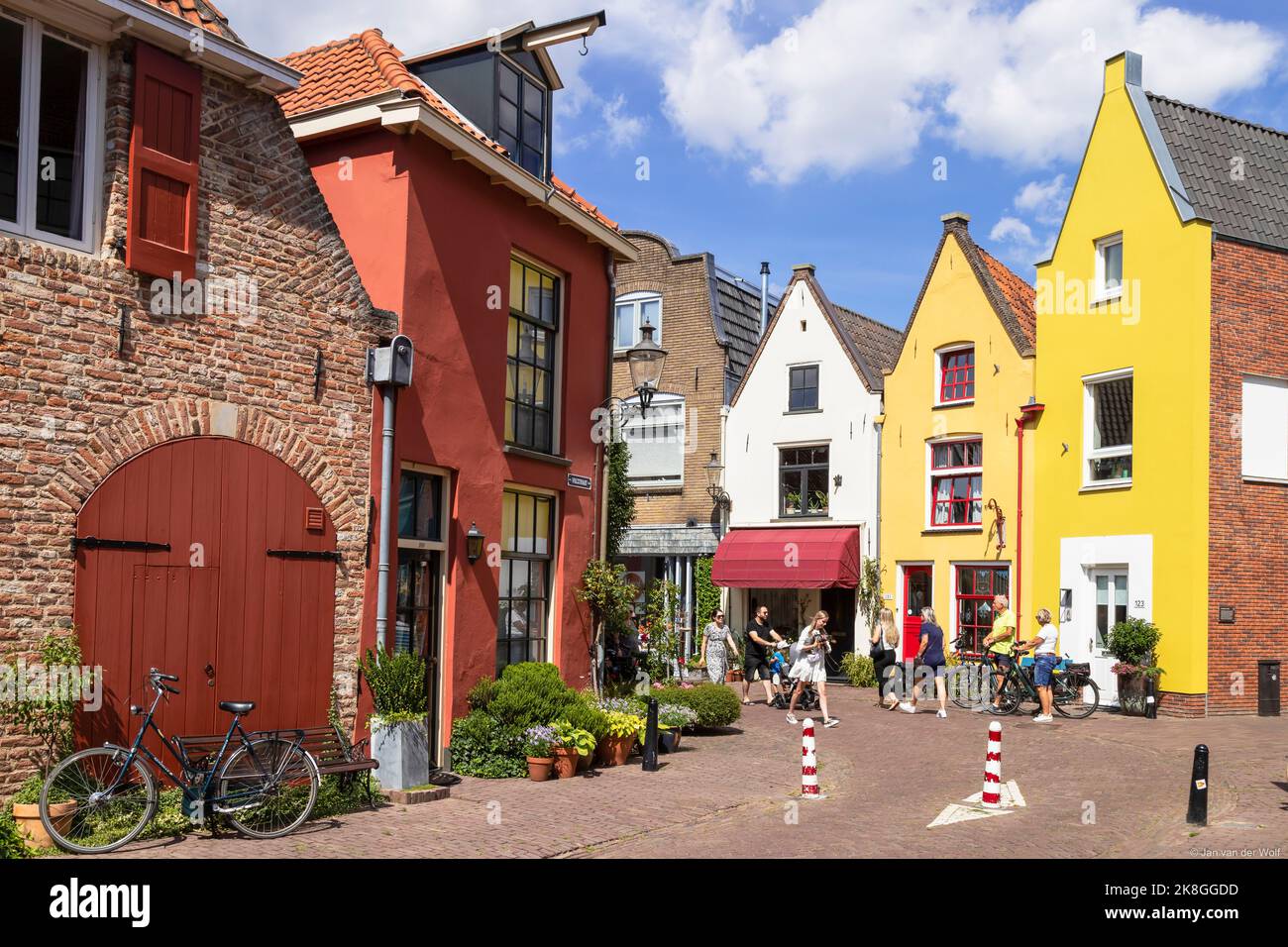 Narrow colored houses in the center of the medieval Dutch city of