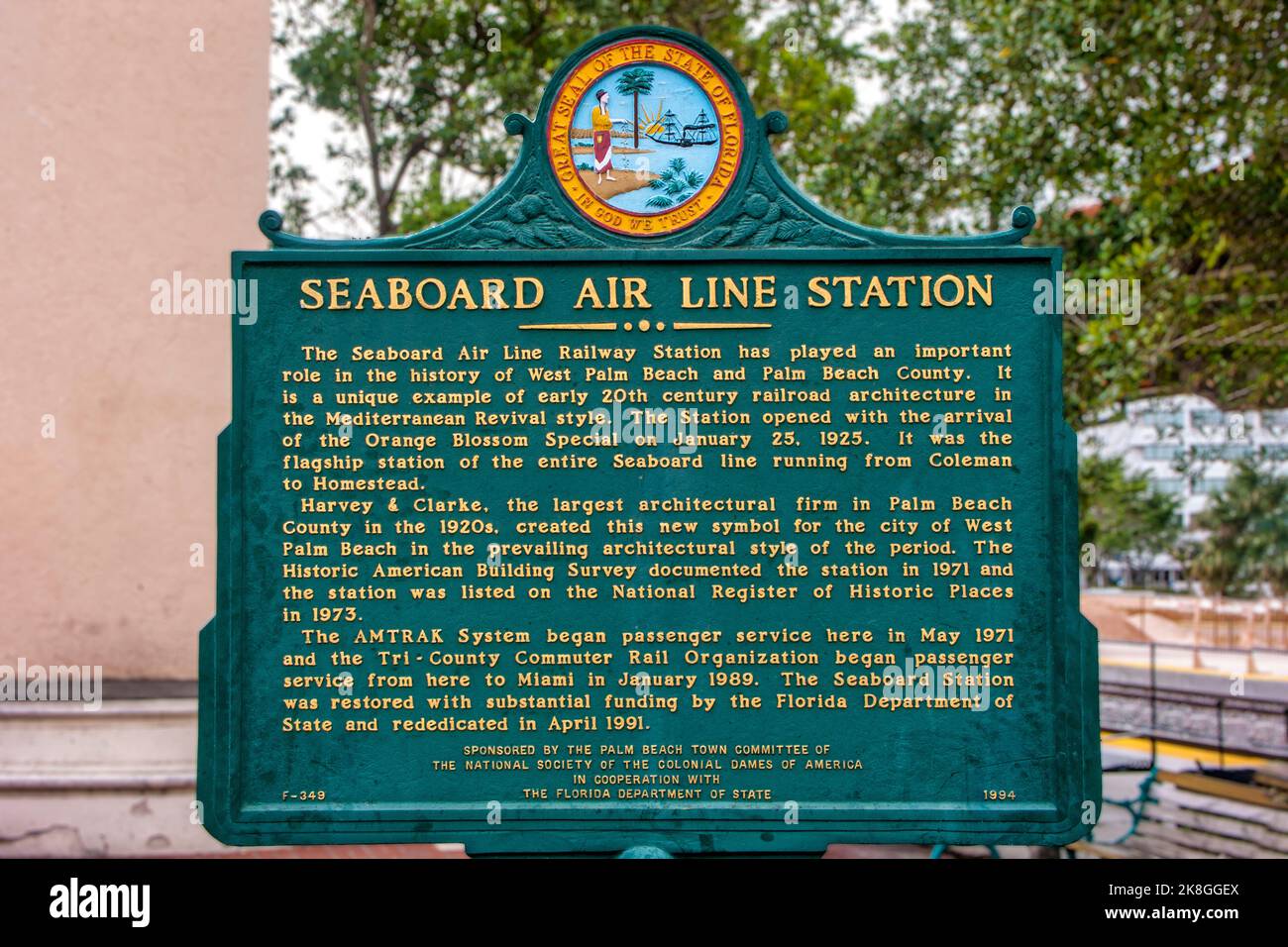Historic marker for the Seaboard Air Line Station, now used by Amtrak trains in West Palm Beach, Florida. Stock Photo