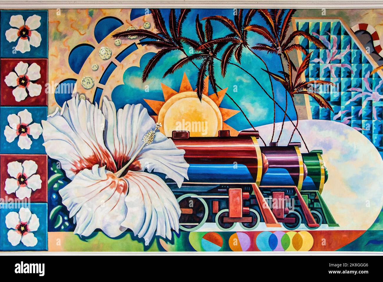 Modern tropical mural at the Seaboard Air Line Station, now used by Amtrak trains in West Palm Beach, Florida. Stock Photo