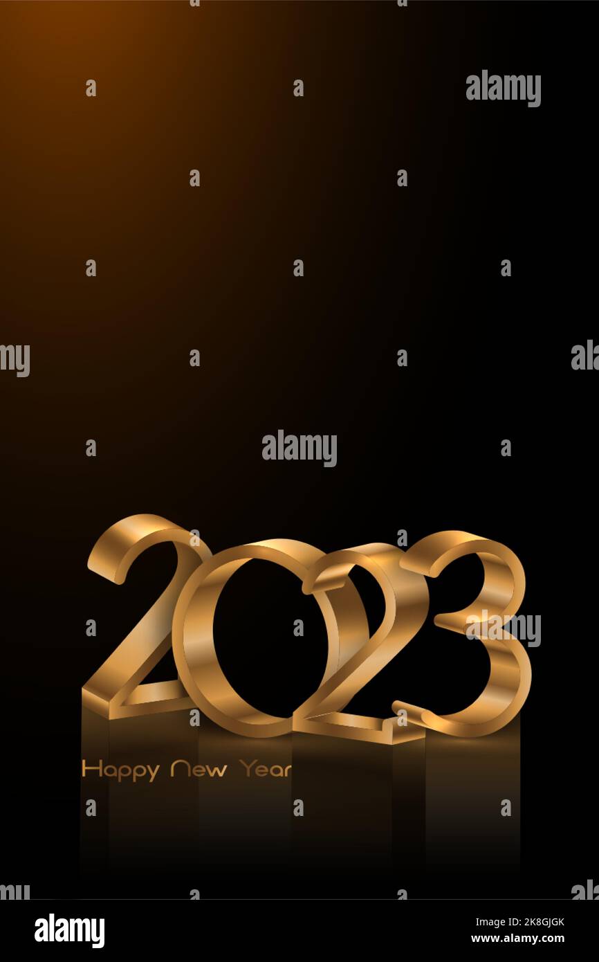 2023 golden 3D numbers, Happy New Year. Vertical banner Christmas theme. Holiday design for greeting card, invitation, calendar, party, gold luxury Stock Vector