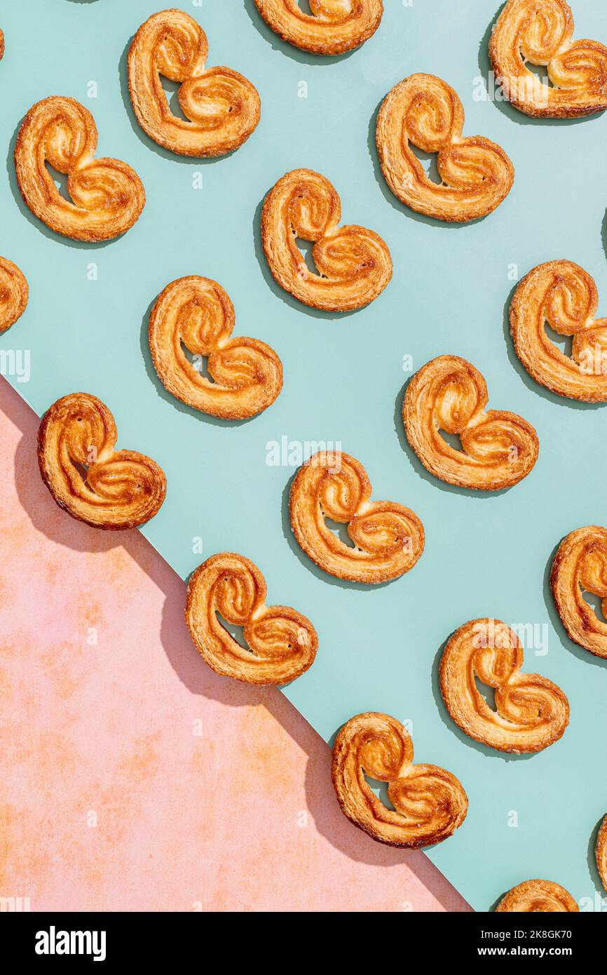 Top view of delicious baked elephant ear cookies placed in lines on