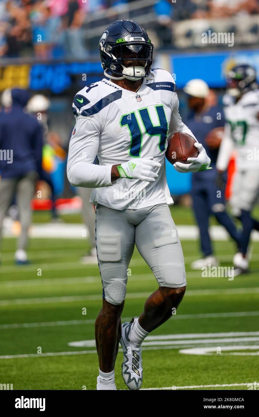 DK Metcalf of the Seattle Seahawks warms up prior to the start of the