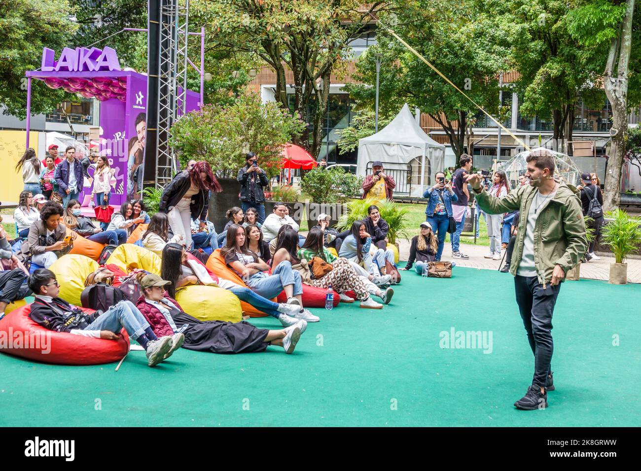 Bogota Colombia,El Chico Parque de la 93 Be Happy Fest,audience group listening speaker presentation,teen teens teenage teenager teenagers youth,man m Stock Photo