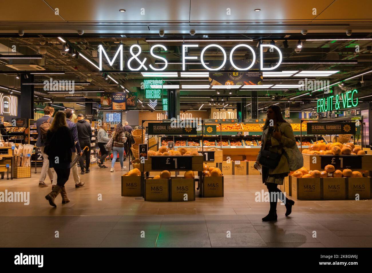 M&S food foodhall store entrance sign, westfield stratford, london, uk