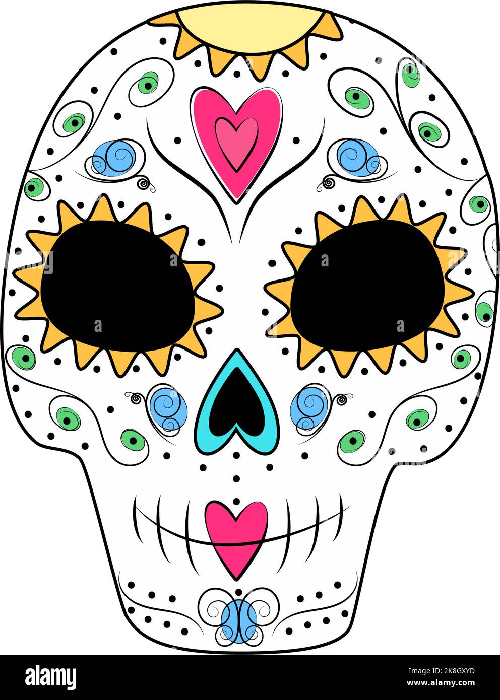 Sugar Skull with abstract pattern of floral elements in trendy marker colors. Isolate. Day of the Dead. Dia de los muertos. Mexico. Sticker, icon. Good for poster, card, invitations, price tag Stock Vector