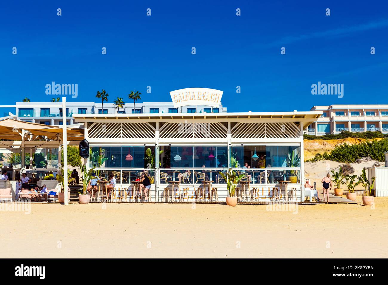 Calma Beach restaurant on Playa de la Barrosa, Cadiz, Spain Stock Photo