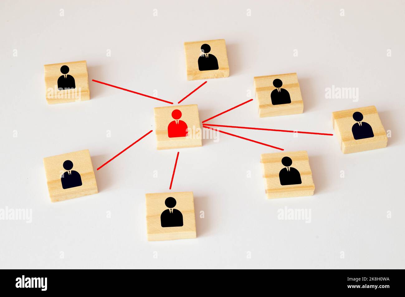 Chain of people figurines connected by white lines. Cooperation and interaction between people and employees. Dissemination of information in society, Stock Photo