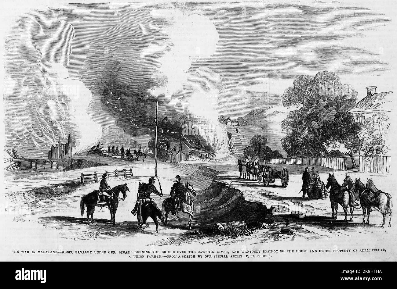 The War in Maryland - Rebel cavalry under General J. E. B. Stuart burning the bridge over the Catoctin River, and wantonly destroying the house and other property of Adam Coogle, a Union farmer. September 1862. 19th century American Civil War illustration from Frank Leslie's Illustrated Newspaper Stock Photo
