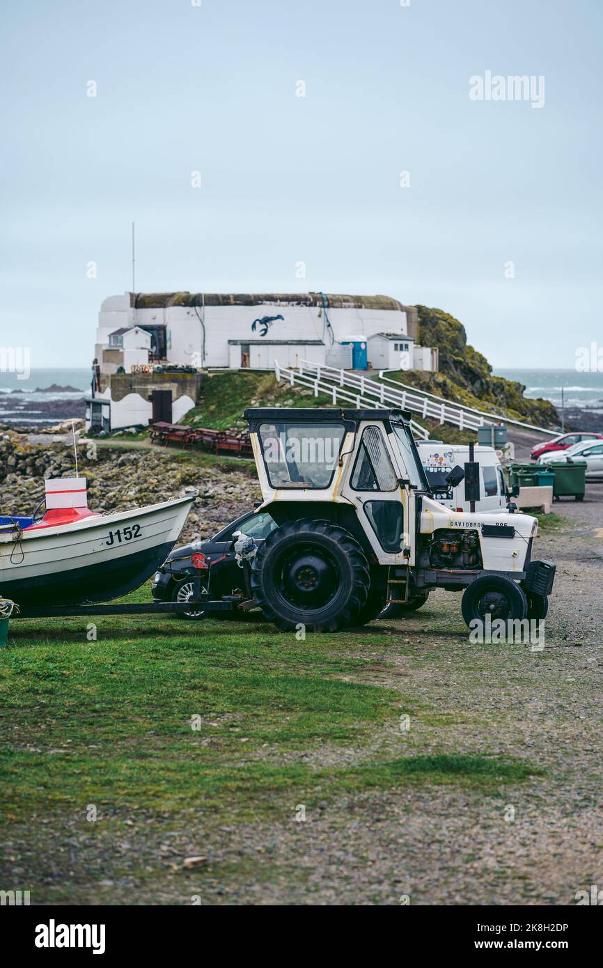 Jersey Island, Channel Island UK 2022.01.29 Tractor parked on weekend at the seaside Stock