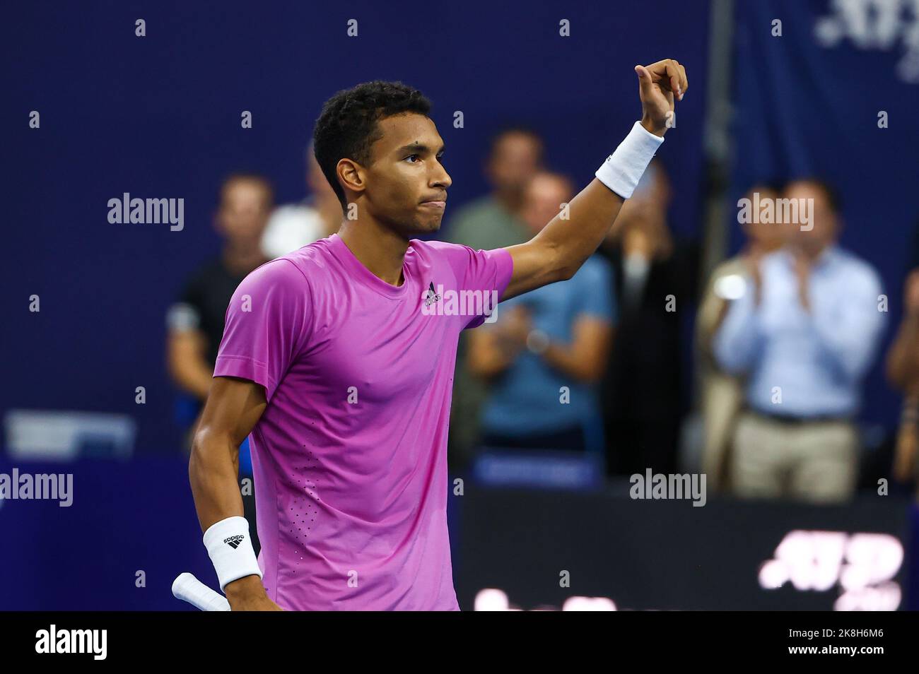 Canadian Felix AugerAliassime celebrates winning his match the men's