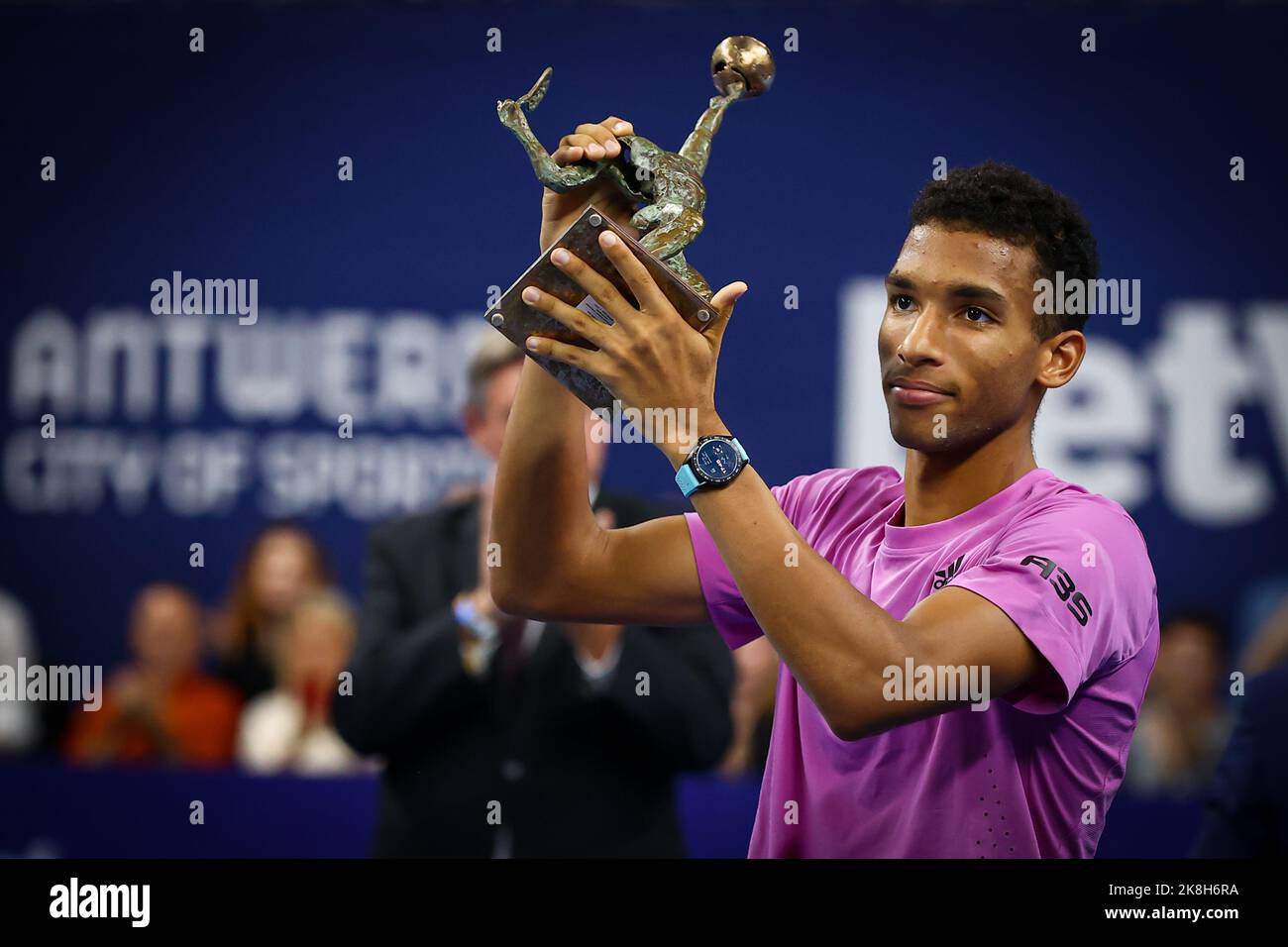 Canadian Felix AugerAliassime celebrates winning his match the men's