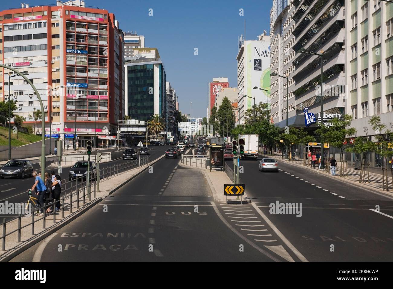Commercial street with office towers and hotels in Lisbon, Portugal