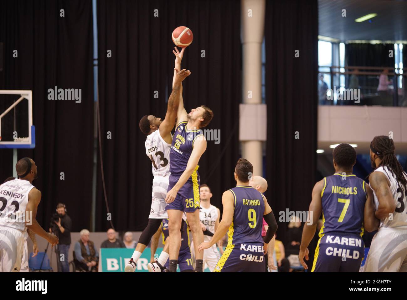 Sheffield, England, 23 October 2022. Tip off in the B. Braun Sheffield Sharks against Newcastle Eagles BBL match at Ponds Forge. Credit: Colin Edwards/Alamy Live News. Stock Photo