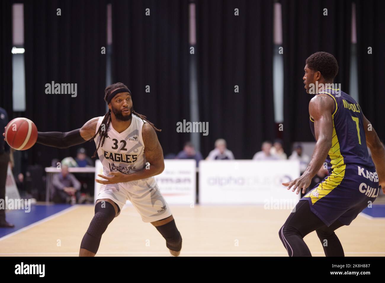 Sheffield, England, 23 October 2022. Donovan Johnson playing for Newcastle Eagles against B. Braun Sheffield Sharks in a BBL match at Ponds Forge. Kipper Nichols is playing for Sheffield. Credit: Colin Edwards/Alamy Live News. Stock Photo