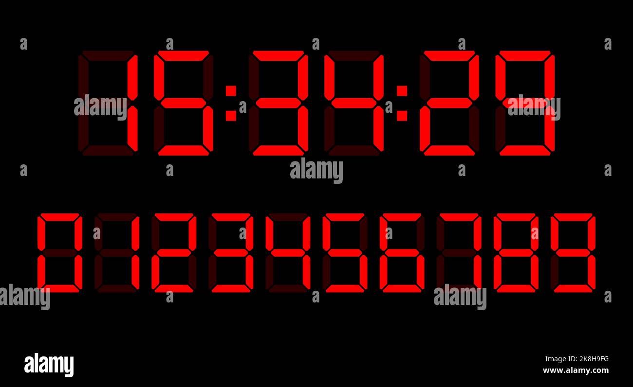 Red digital clock number set. Led digit set. Flat illustration isolated on black background. Stock Photo