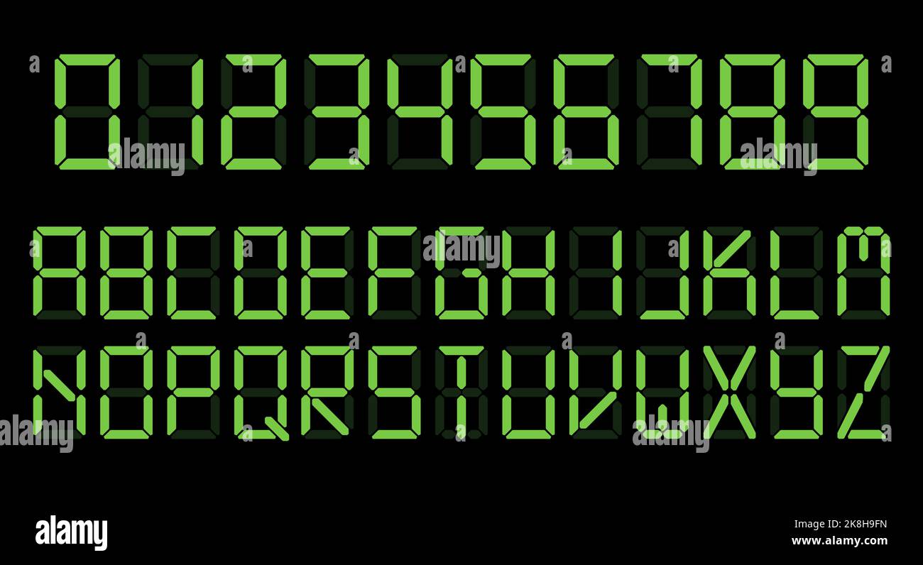 Green digital clock number set. Led digit alphabet. Flat illustration