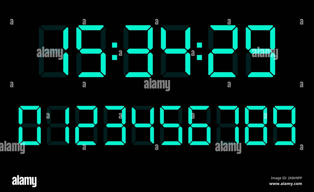 Blue digital clock number set. Led digit set. Flat illustration