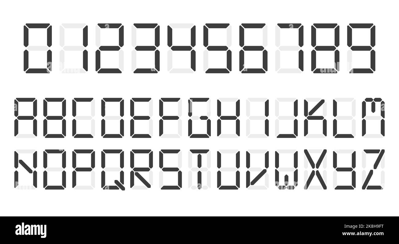 Digital clock number set. Led digit alphabet. Flat illustration isolated on white background