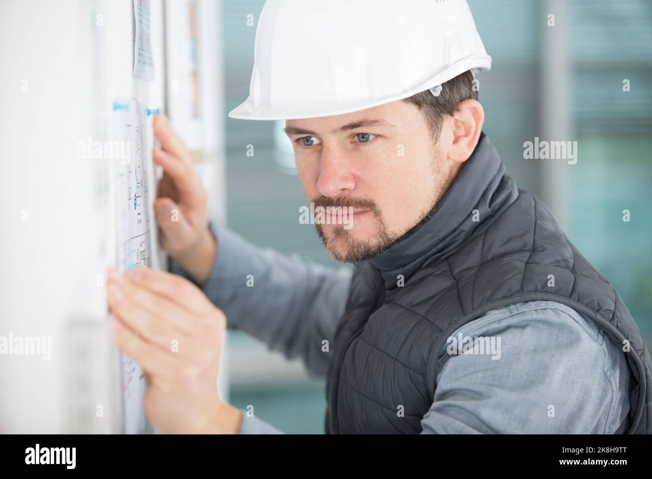 builder pinning notice on to the wall Stock Photo Alamy